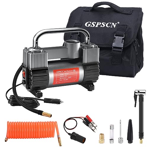 GSPSCN Tire Inflator Heavy Duty Double Cylinders, Portable Metal DC 12V Air Compressor - Car Accessories, 150PSI Tire Pump with Adapter for Car, Truck, SUV Tires, Dinghy, Air Bed etc (Titanium) - Image 1