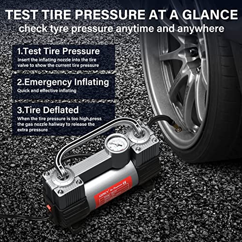 GSPSCN Tire Inflator Heavy Duty Double Cylinders, Portable Metal DC 12V Air Compressor - Car Accessories, 150PSI Tire Pump with Adapter for Car, Truck, SUV Tires, Dinghy, Air Bed etc (Titanium) - Image 4