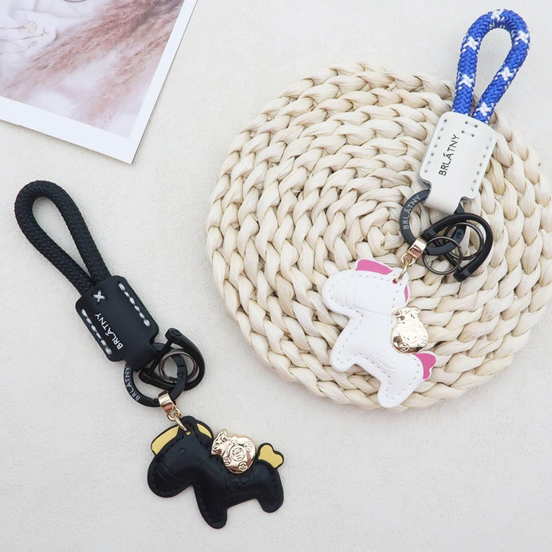 White Cowhide Leather Good Luck Horse Pendant Keychain for Couples - Image 3