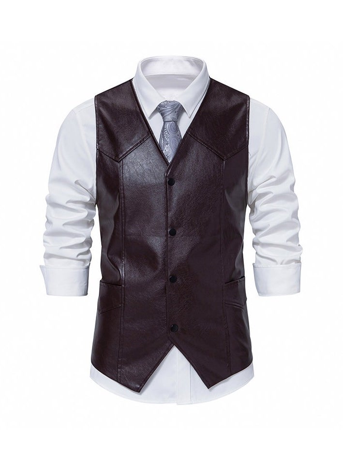 KUYING New Men's PU Leather Solid Color Retro Men's Motorcycle Vest  - Image 1