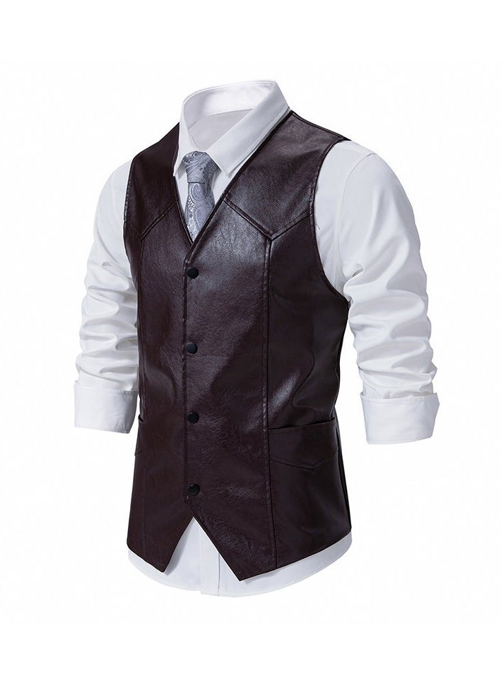 KUYING New Men's PU Leather Solid Color Retro Men's Motorcycle Vest  - Image 2