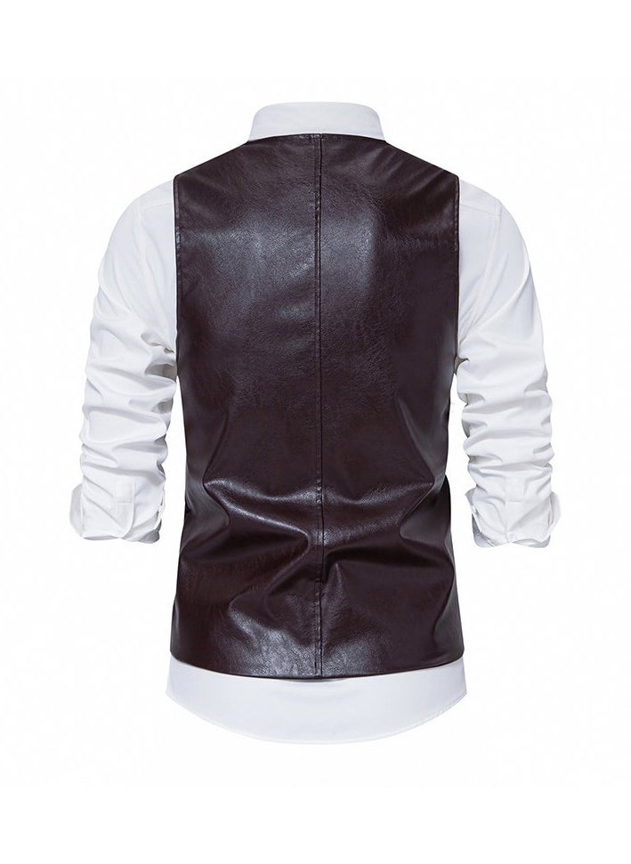 KUYING New Men's PU Leather Solid Color Retro Men's Motorcycle Vest  - Image 3