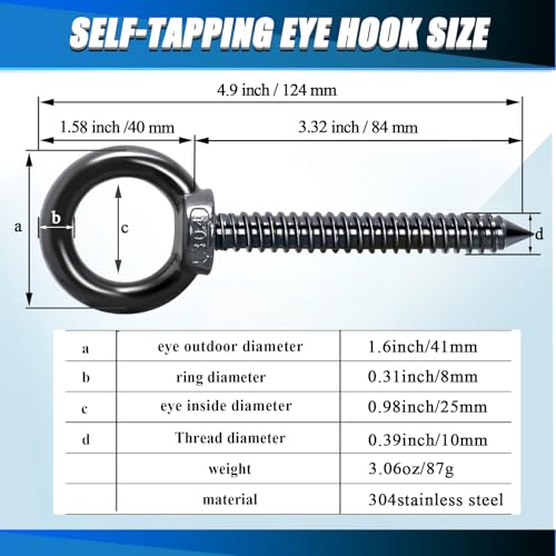 OHIYO 5 Inch Heavy Duty Eye Hooks M10 Eyelet Screw Load Capacity 600LBS Heavy Duty Screw in Eye Hooks for Hammock Stand, Swing Chair, Yoga, Heavy Indoor & Outdoor Uses (Black) - Image 2