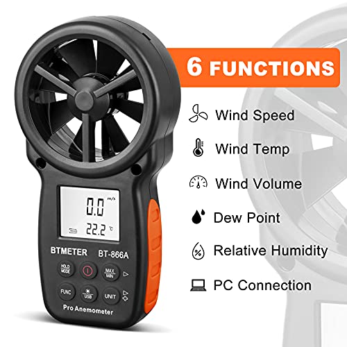 BTMETER BT-866A Pro Handheld HVAC Anemometer for CFM Air Flow, Wind Speed Meter Gauge Measures Wind Velocity Temp%RH Dew Point with USB Sync to PC - Image 2