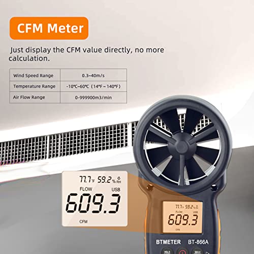 BTMETER BT-866A Pro Handheld HVAC Anemometer for CFM Air Flow, Wind Speed Meter Gauge Measures Wind Velocity Temp%RH Dew Point with USB Sync to PC - Image 3
