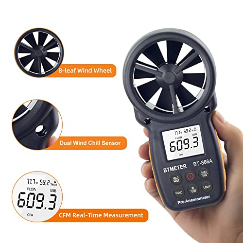 BTMETER BT-866A Pro Handheld HVAC Anemometer for CFM Air Flow, Wind Speed Meter Gauge Measures Wind Velocity Temp%RH Dew Point with USB Sync to PC - Image 5