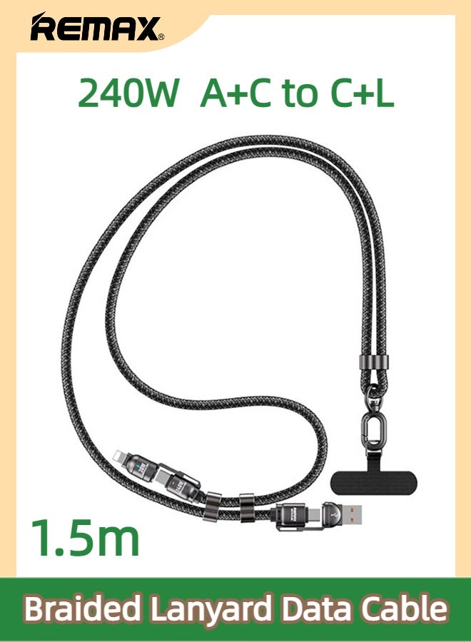 ريماكس كابل بيانات C7 مضفر بطول 1.5 متر، من نوع USB-A+C إلى C+L، يدعم الشحن السريع من النوع C-C بقدرة 240 واط بتقنية PD، مصنوع من سبائك الزنك المضفرة، حاصل على شهادة MFi، متوافق مع أجهزة USB-A/C و Lightning وغيرها. (أسود) - Image 1