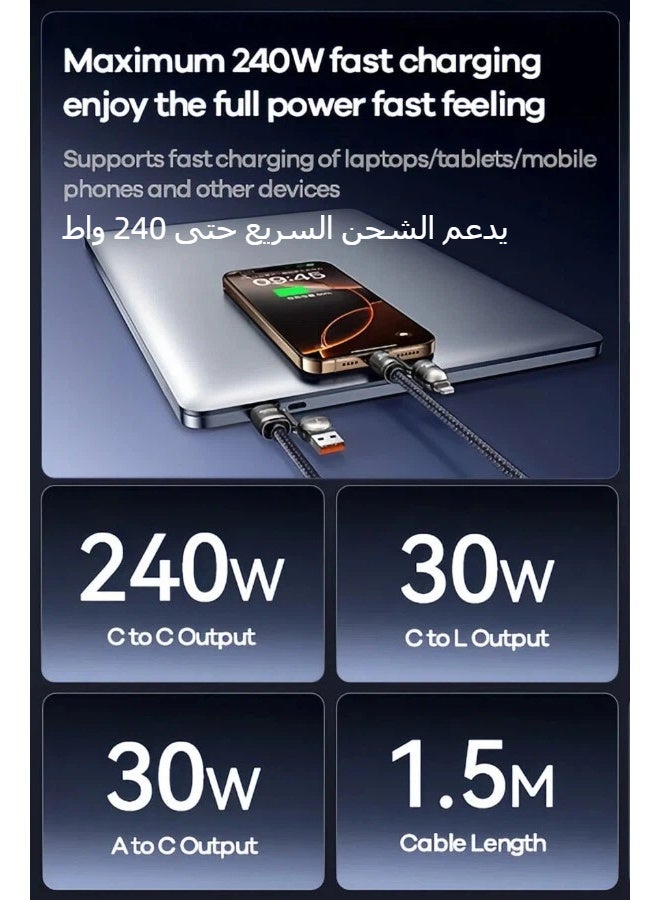 ريماكس كابل بيانات C7 مضفر بطول 1.5 متر، من نوع USB-A+C إلى C+L، يدعم الشحن السريع من النوع C-C بقدرة 240 واط بتقنية PD، مصنوع من سبائك الزنك المضفرة، حاصل على شهادة MFi، متوافق مع أجهزة USB-A/C و Lightning وغيرها. (أسود) - Image 4