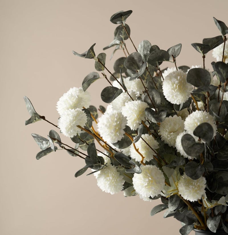 Laelfe 10 Kiku Artificial Flowers + 5 Large Eucalyptus Branches, Silk Fake White Flowers Pompon Mums (Ball Flower Stems) - Decor for Home, Wedding Filler, Centerpieces & Shower Arrangements - Image 4