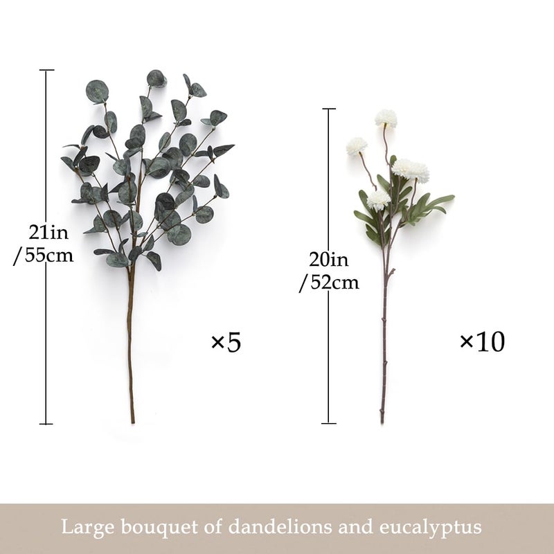 Laelfe 10 Kiku Artificial Flowers + 5 Large Eucalyptus Branches, Silk Fake White Flowers Pompon Mums (Ball Flower Stems) - Decor for Home, Wedding Filler, Centerpieces & Shower Arrangements - Image 3