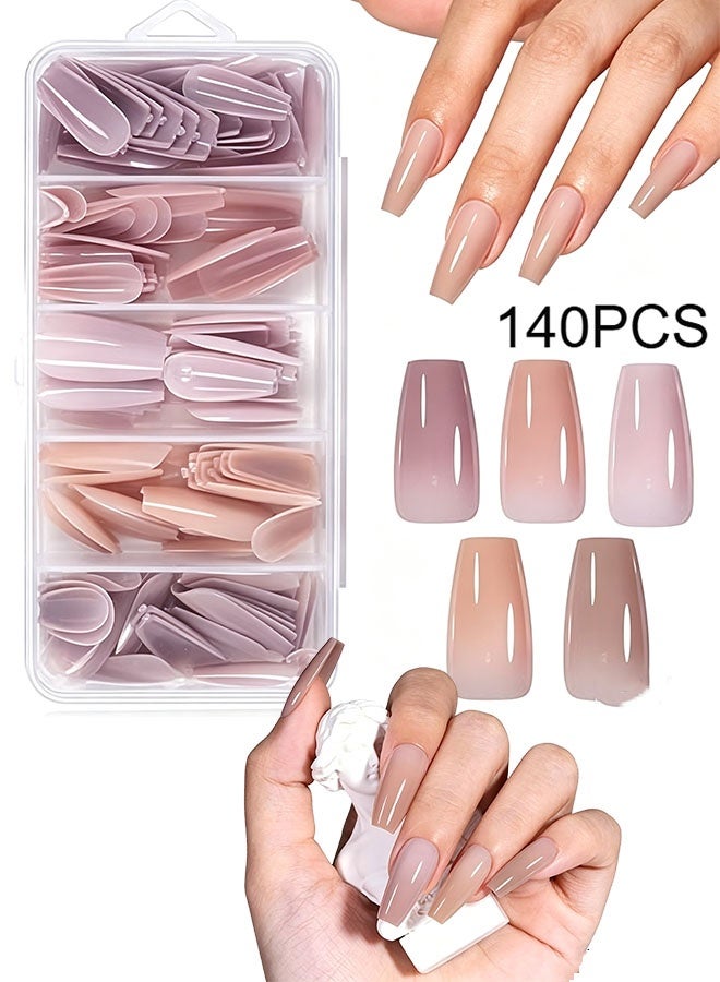 Happy D 140 stick-on nails, 14 sizes, medium trapezoid fake nails, invisible and durable, perfect for DIY nails, nail salons, parties, everyday wear, and gifting to women. Suitable for stick-on nails, French nails, fake nails, wearable nails, acrylic nails, and artificial nails (nude tones mixed in 4 colors). - Image 1