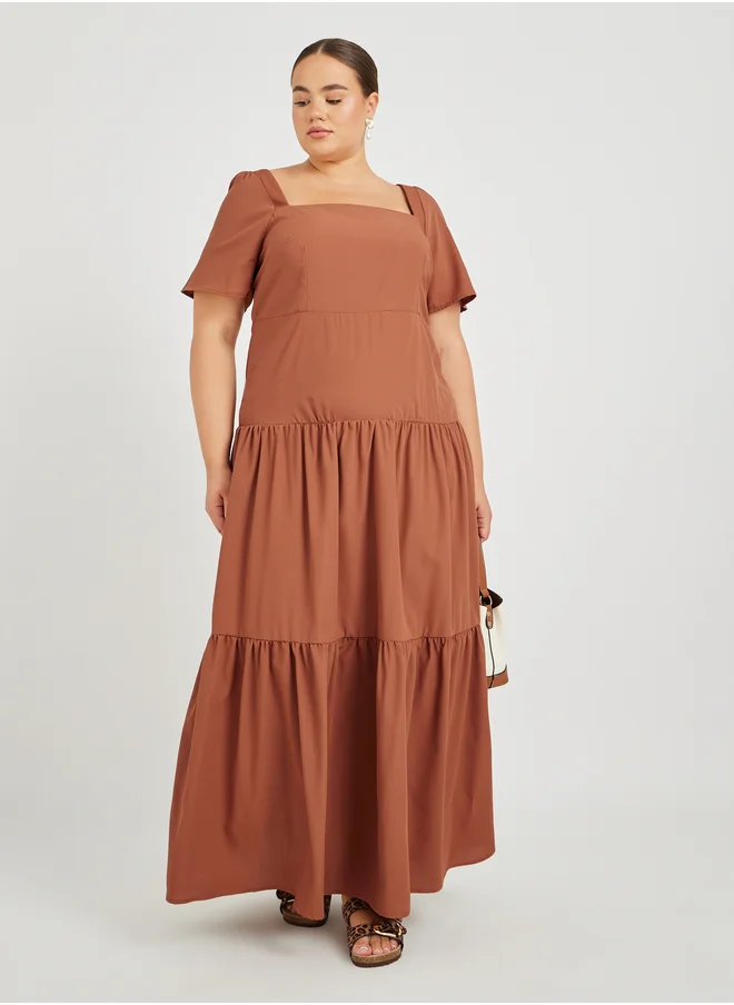 Styli Plus Size Puff Sleeve Square Neck Tiered Maxi Dress