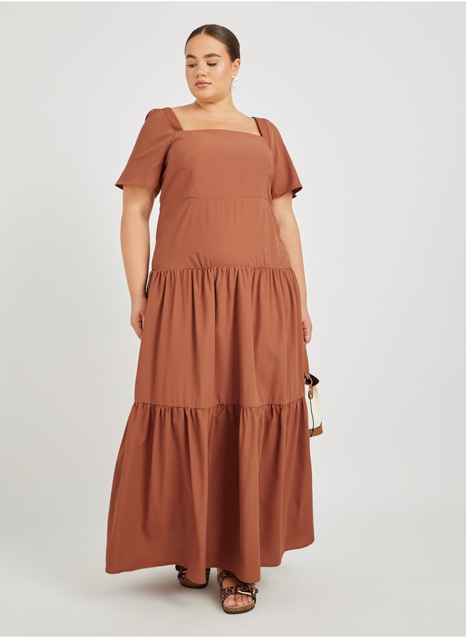 Styli Plus Size Puff Sleeve Square Neck Tiered Maxi Dress  - Image 1