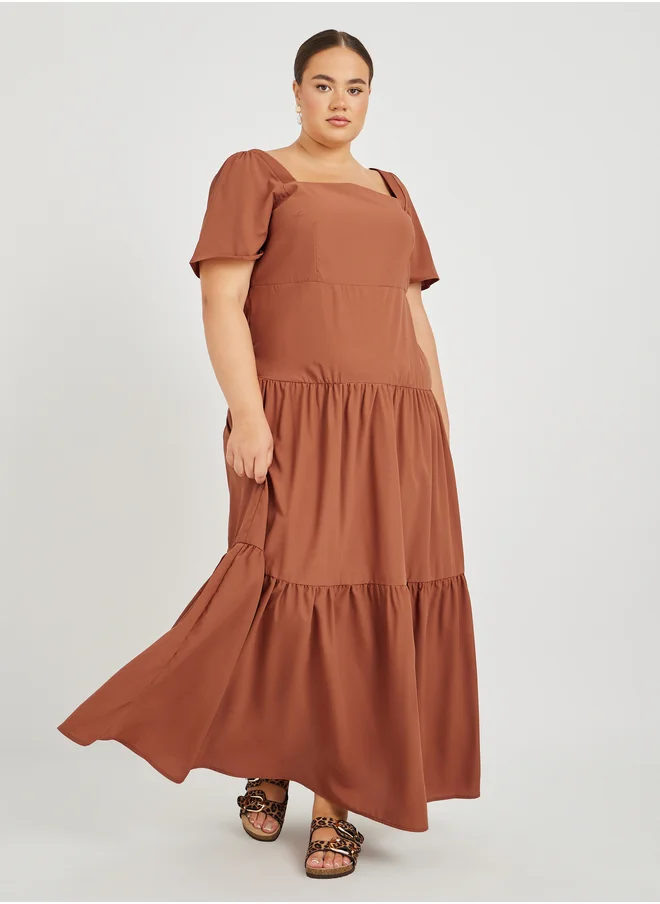 Styli Plus Size Puff Sleeve Square Neck Tiered Maxi Dress