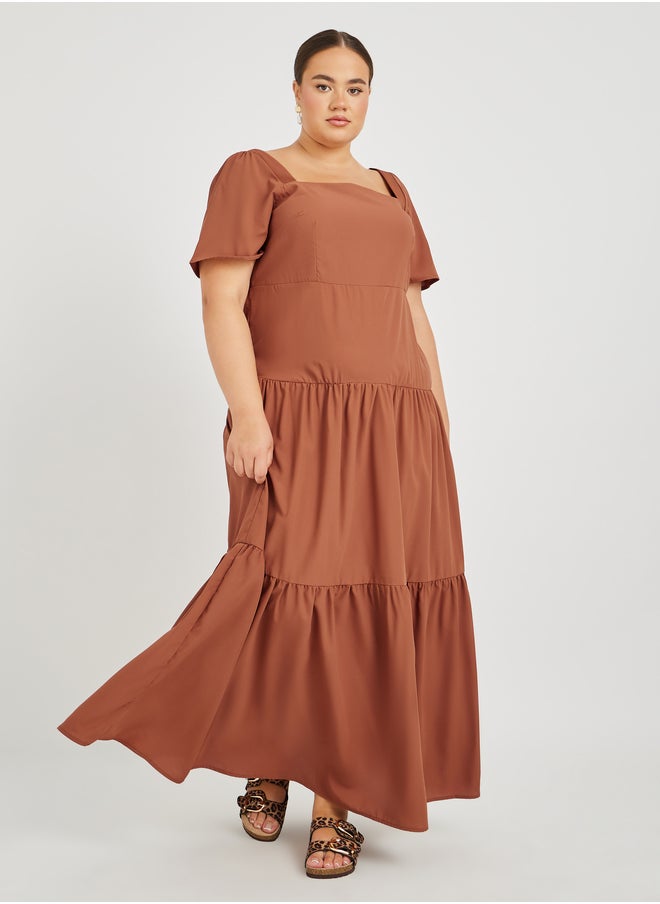 Styli Plus Size Puff Sleeve Square Neck Tiered Maxi Dress  - Image 2