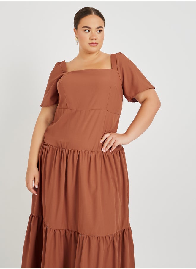 Styli Plus Size Puff Sleeve Square Neck Tiered Maxi Dress  - Image 3