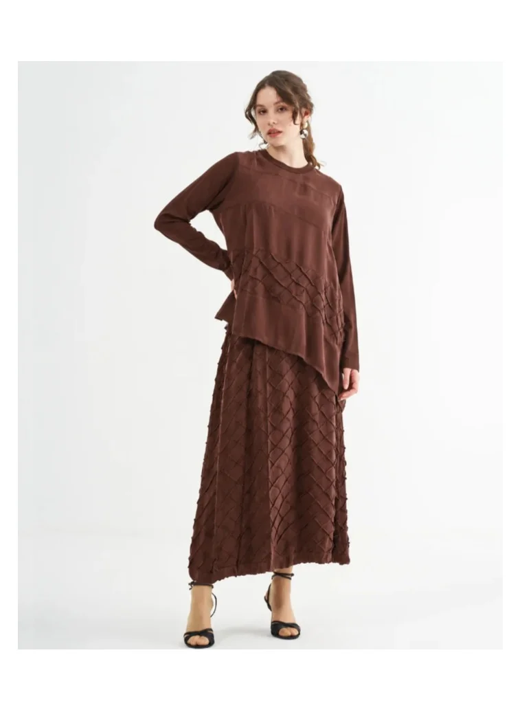 Asymmetric Textured Two-Piece Set - Brown