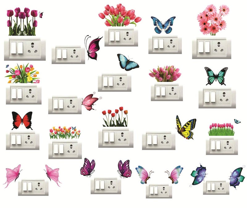 DecorVilla Decor Villa Butterfly and Flower Switch Board Wall Sticker Decal for Living Room Bedroom Office Vinyl Standard Multicolour - Image 1