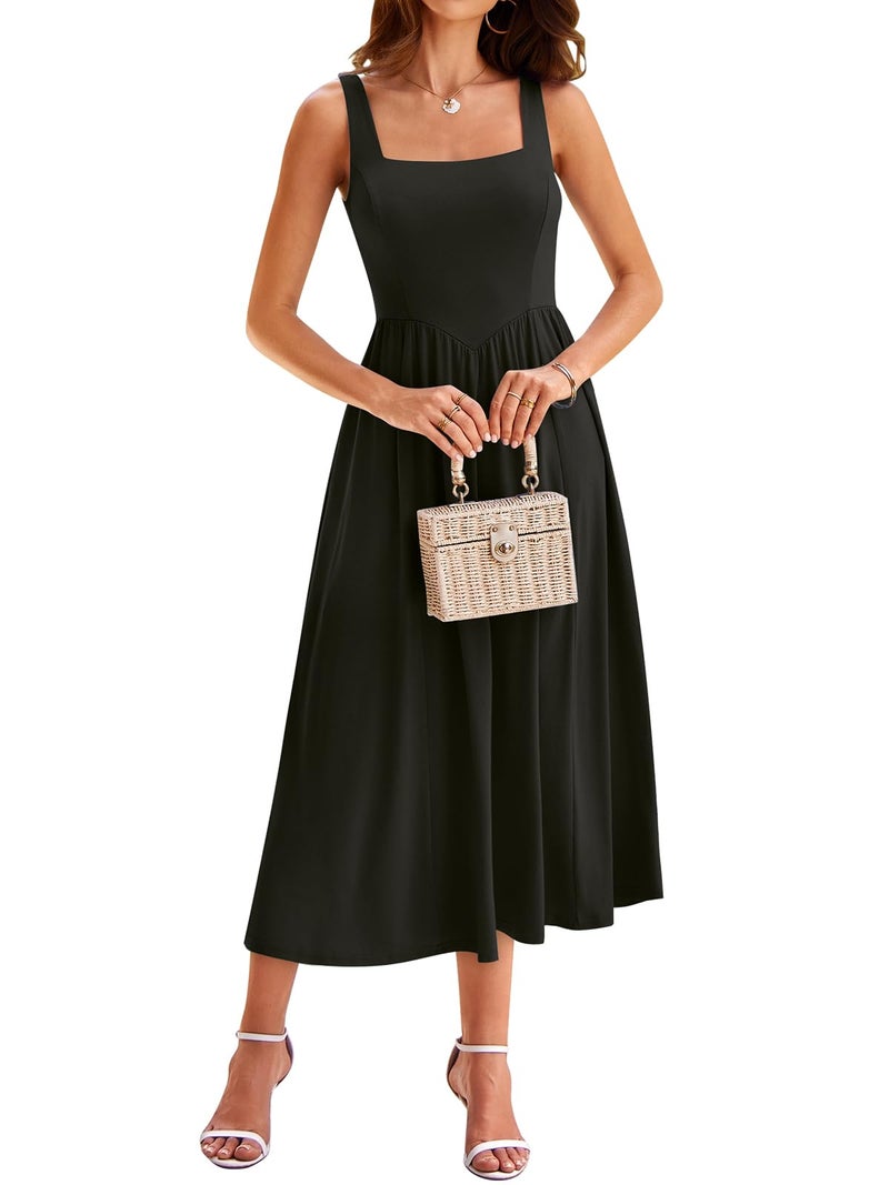 YATHON Fit and Flare Dress for Women Cocktail Black Milkmaid Corset Midi Formal Wedding Guest Dress with Pockets (YT638-Black,M) - Image 1