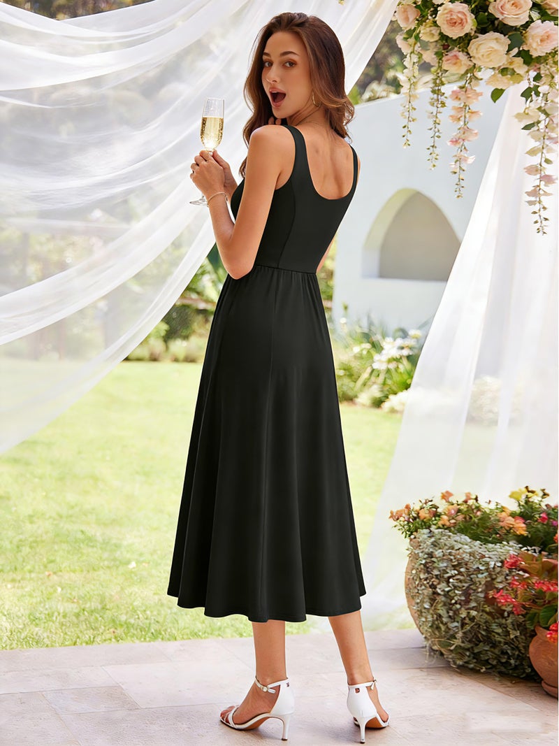 YATHON Fit and Flare Dress for Women Cocktail Black Milkmaid Corset Midi Formal Wedding Guest Dress with Pockets (YT638-Black,M) - Image 4