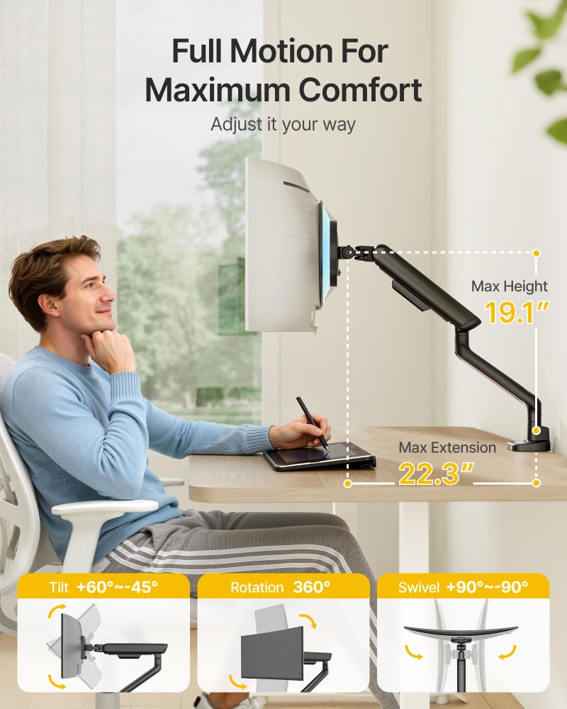 monTEK Single Monitor Arm, Mechanical Spring Monitor Arm for 17-40" Ultrawide Screens, Adjustable Monitor Desk Mount Holds up to 26.4 lbs with C Clamp/Grommet Desk Mount, VESA 75/100mm, MA1011BK - Image 5
