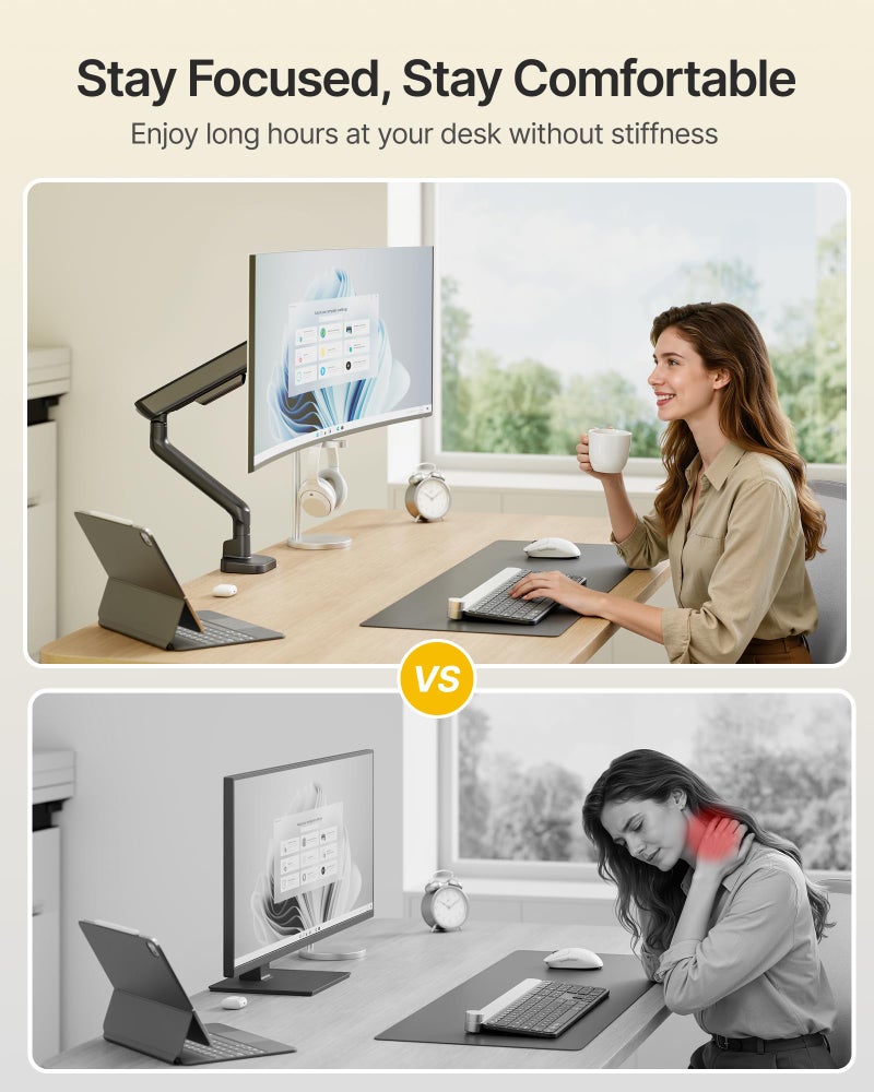 monTEK Single Monitor Arm, Mechanical Spring Monitor Arm for 17-40" Ultrawide Screens, Adjustable Monitor Desk Mount Holds up to 26.4 lbs with C Clamp/Grommet Desk Mount, VESA 75/100mm, MA1011BK - Image 4