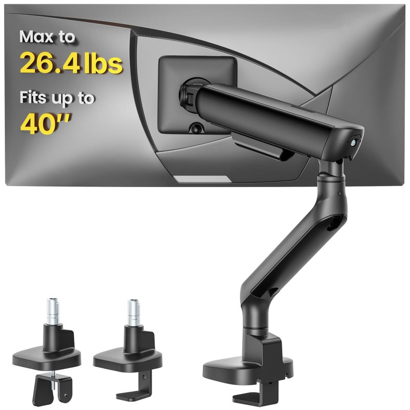 monTEK Single Monitor Arm, Mechanical Spring Monitor Arm for 17-40" Ultrawide Screens, Adjustable Monitor Desk Mount Holds up to 26.4 lbs with C Clamp/Grommet Desk Mount, VESA 75/100mm, MA1011BK - Image 1