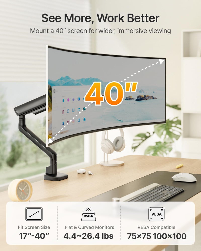 monTEK Single Monitor Arm, Mechanical Spring Monitor Arm for 17-40" Ultrawide Screens, Adjustable Monitor Desk Mount Holds up to 26.4 lbs with C Clamp/Grommet Desk Mount, VESA 75/100mm, MA1011BK - Image 2