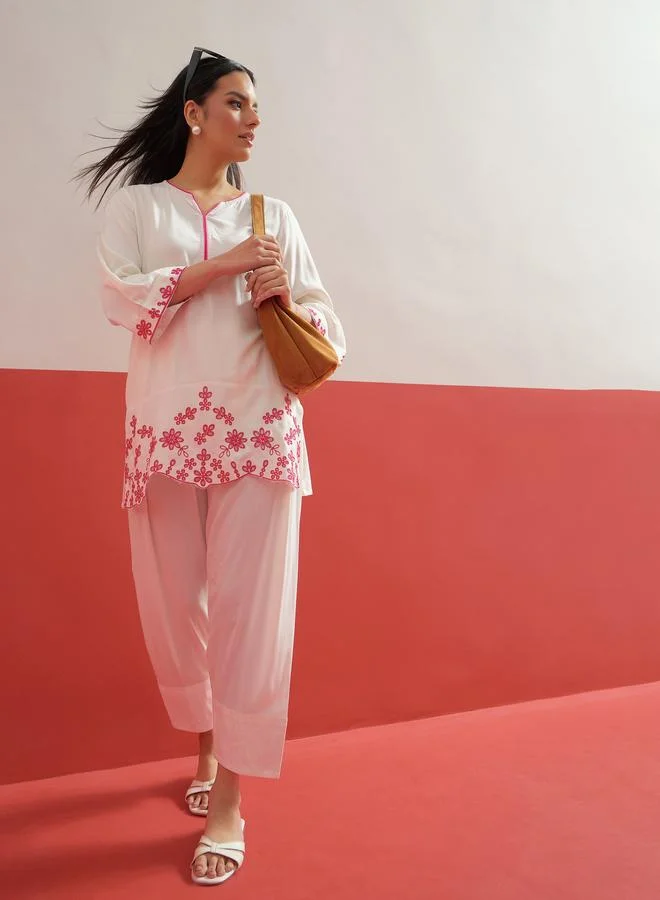 Sassafras White Thread Embroidered Short Kurti with Salwar Set