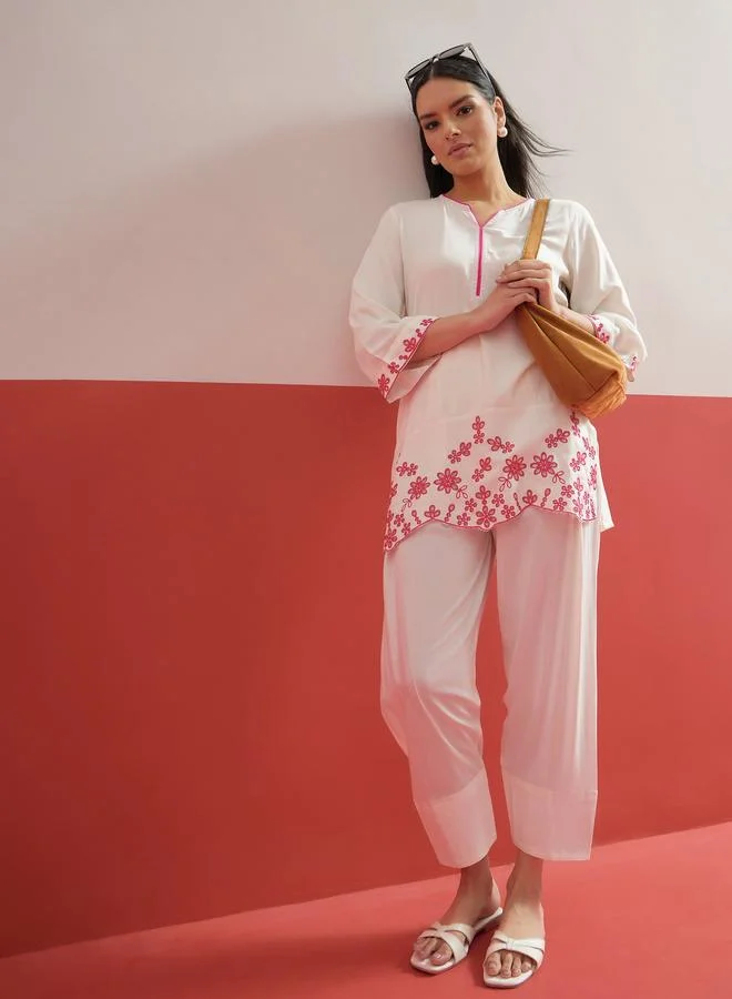 Sassafras White Thread Embroidered Short Kurti with Salwar Set