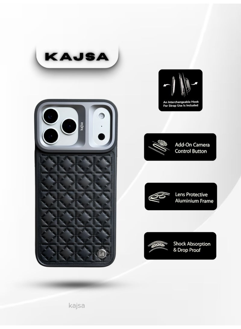 كاجسا جراب Kajsa LuxeQuilt MagSafe لهاتف iPhone 17 Pro Max - جراب جلدي مقاوم للصدمات مع إطار عدسة من الألومنيوم، وزر تحكم بالكاميرا، وخطاف حبل قابل للتبديل (حائز على جائزة Red Dot للتصميم لعام 2026) - أسود - Image 1
