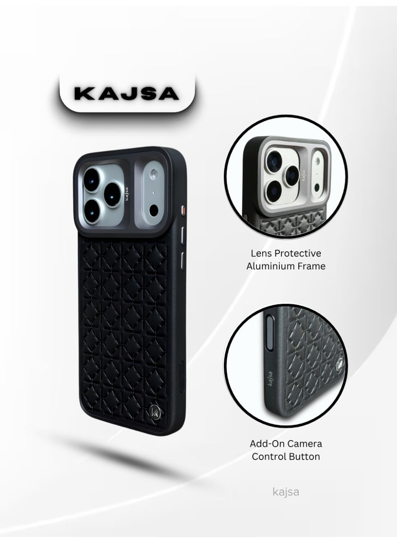 كاجسا جراب Kajsa LuxeQuilt MagSafe لهاتف iPhone 17 Pro Max - جراب جلدي مقاوم للصدمات مع إطار عدسة من الألومنيوم، وزر تحكم بالكاميرا، وخطاف حبل قابل للتبديل (حائز على جائزة Red Dot للتصميم لعام 2026) - أسود - Image 2
