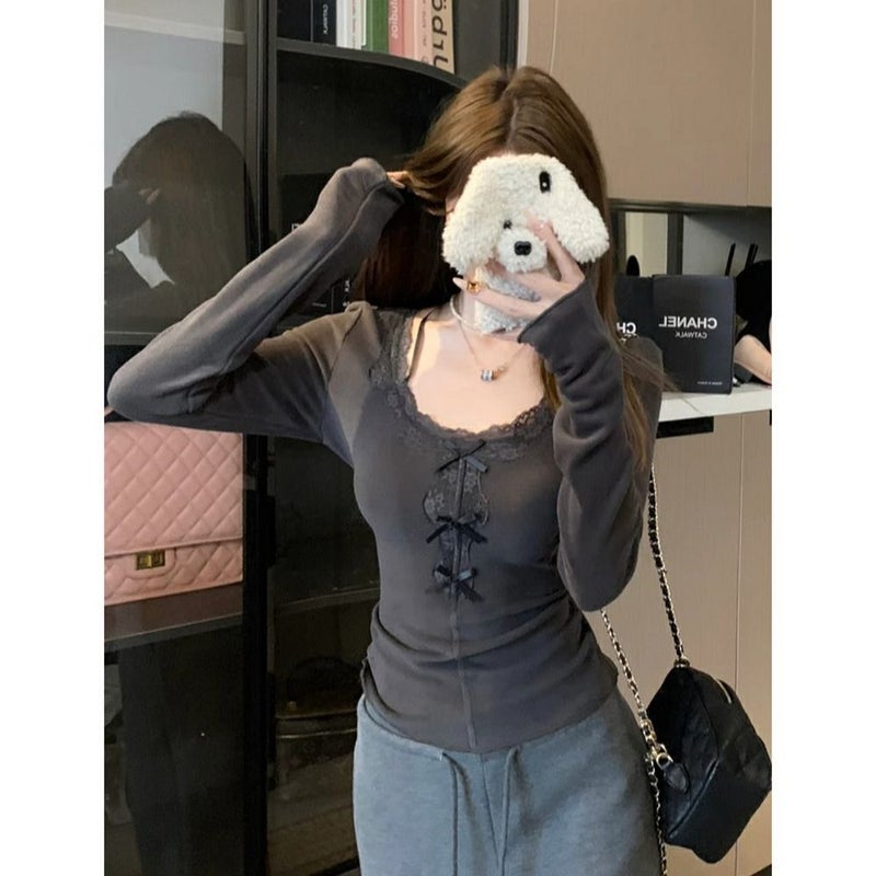 Korean Style Design Sense Sweet Bow Lace U-Neck Long-Sleeved Spice Girl T-Shirt Slim-Fit Slimming All-Match Base Top For Women - Image 4