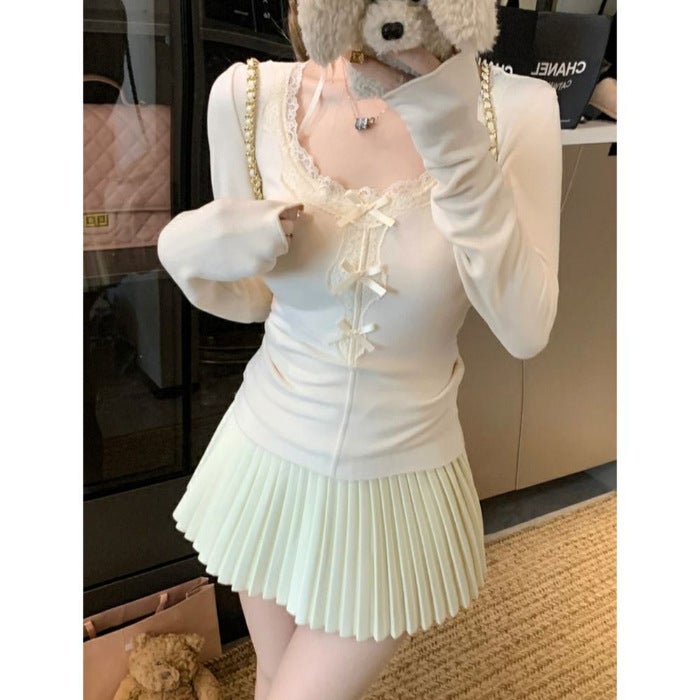 Korean Style Design Sense Sweet Bow Lace U-Neck Long-Sleeved Spice Girl T-Shirt Slim-Fit Slimming All-Match Base Top For Women - Image 1