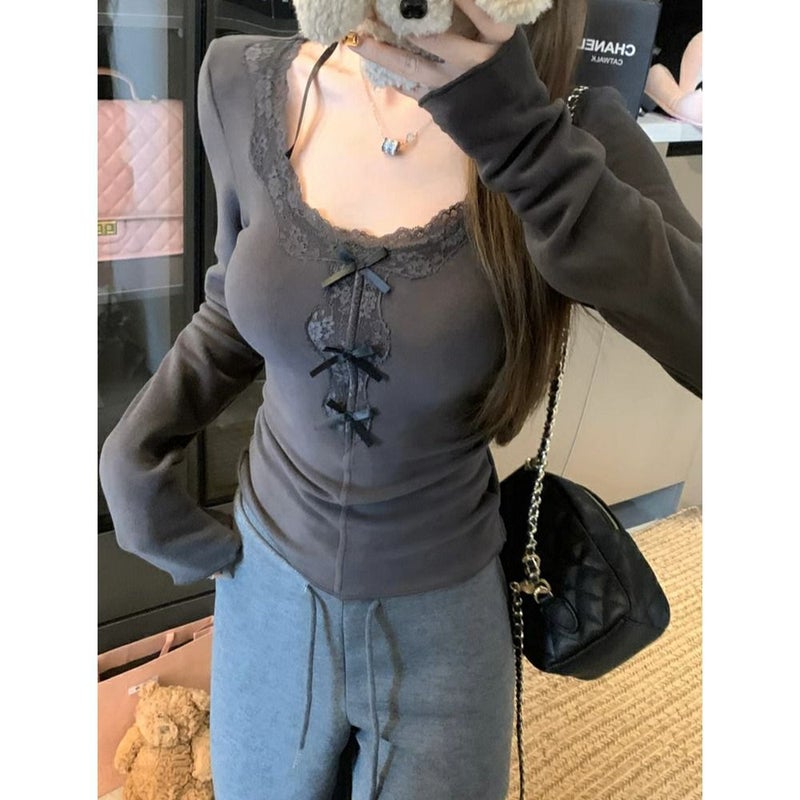 Korean Style Design Sense Sweet Bow Lace U-Neck Long-Sleeved Spice Girl T-Shirt Slim-Fit Slimming All-Match Base Top For Women - Image 2