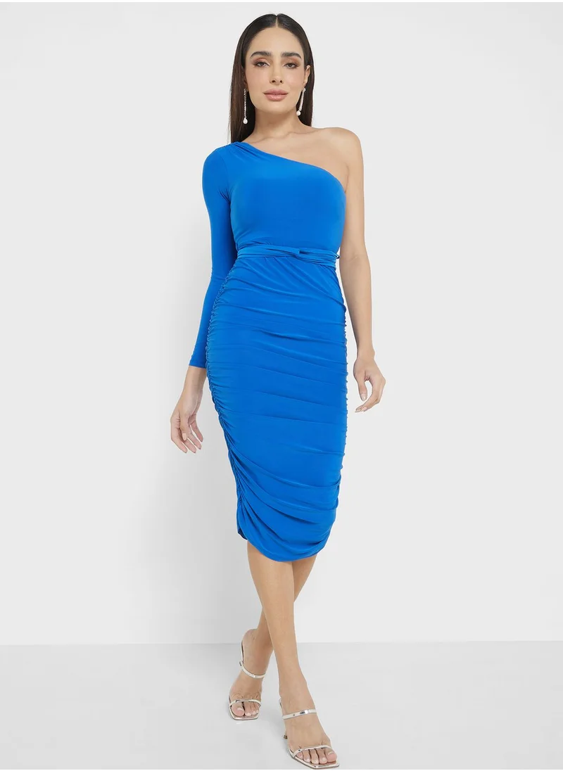 John Zack One Shoulder Ruched Tie Detail Dress
