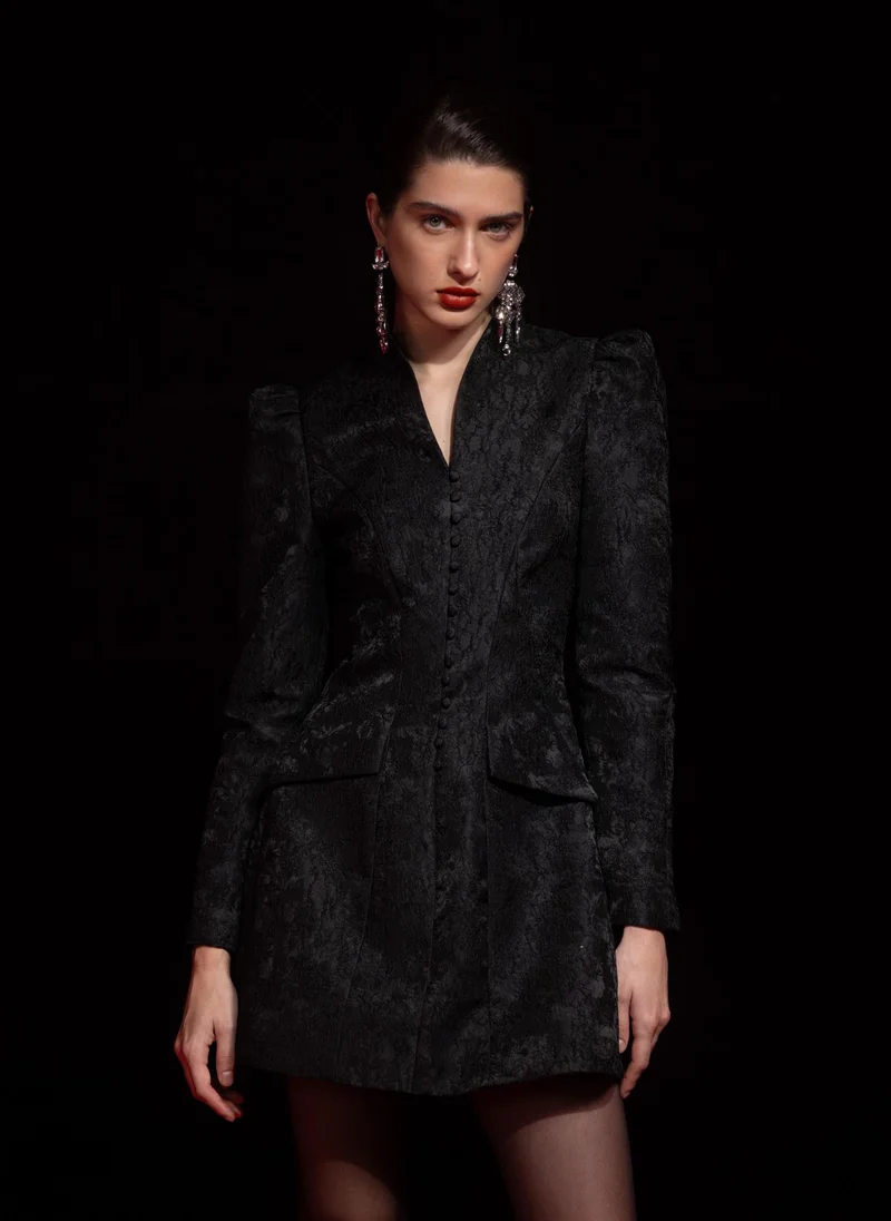 Fitted jacquard mini dress with accentuated shoulders