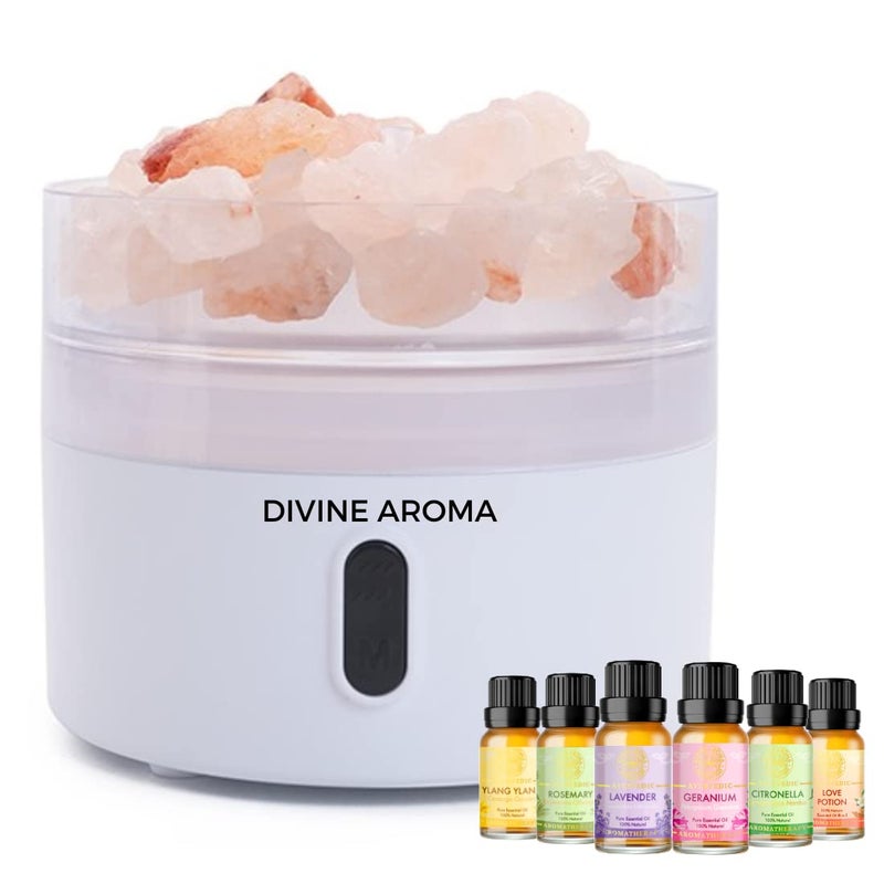DIVINE AROMA Divine Aroma Portable Himalayan Rock Salt Lamp Aroma Diffuser YlangYlang Lavender Rosemary Geranium Citronella Love Potion 100 PURE Natural Essential Oils Multi Purpose Set For Home Fragrance Aromatherapy Skin Care Skin Whitening Hair Growth Care Personal Care Bath  - Image 1