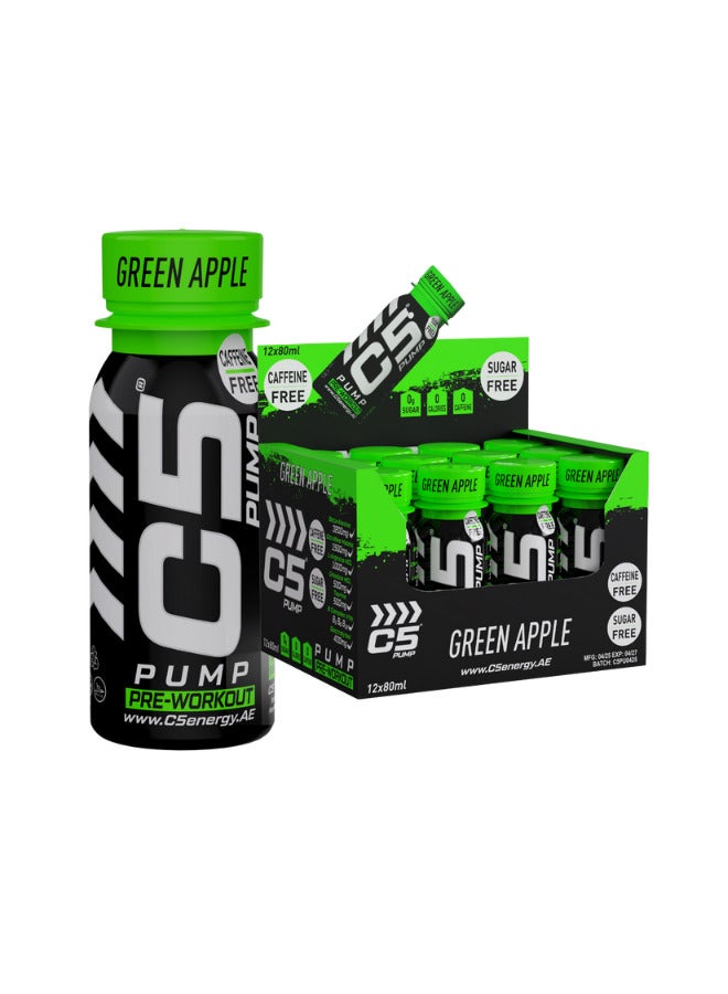 C5 PUMP Shot Pre-Workout  Drink, Caffeine-Free, Sugar-Free, 80ml, With Beta-Alanine 3200mg, Citrulline 1500mg, B-Complex Vitamins (Pack of 12, Green Apple) - Image 1