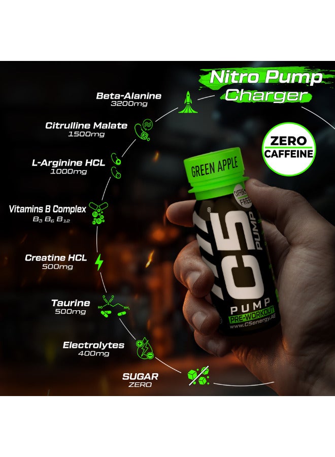 C5 PUMP Shot Pre-Workout  Drink, Caffeine-Free, Sugar-Free, 80ml, With Beta-Alanine 3200mg, Citrulline 1500mg, B-Complex Vitamins (Pack of 12, Green Apple) - Image 2