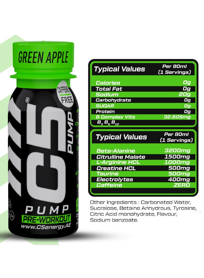 C5 PUMP Shot Pre-Workout  Drink, Caffeine-Free, Sugar-Free, 80ml, With Beta-Alanine 3200mg, Citrulline 1500mg, B-Complex Vitamins (Pack of 12, Green Apple) - Image 3