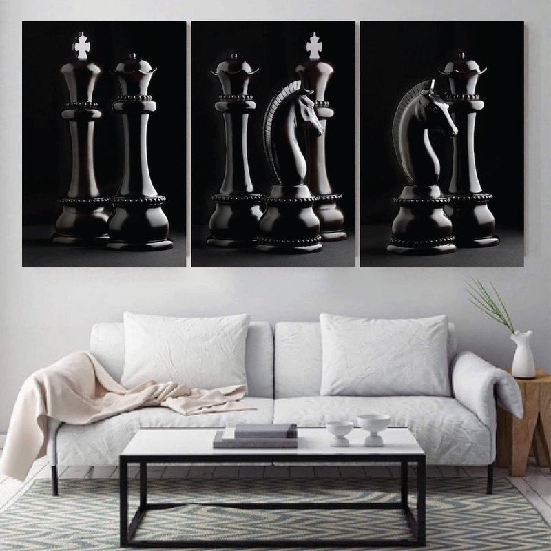Marktna Three canvas panels with a chess-themed design and a hollow frame, measuring (90×40), three pieces - Image 1