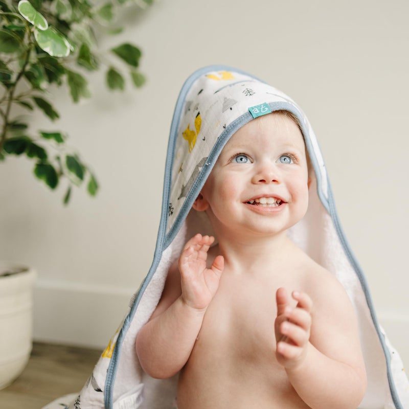Featherheadâ„¢ 5-Piece 100% Cotton Muslin Hooded Bath Towel & Washcloths Set for Baby Boy - Ultra Soft and Extra Absorbent - Newborn Essential & Perfect Baby Registry Gift (Blue Foxes) - Image 4