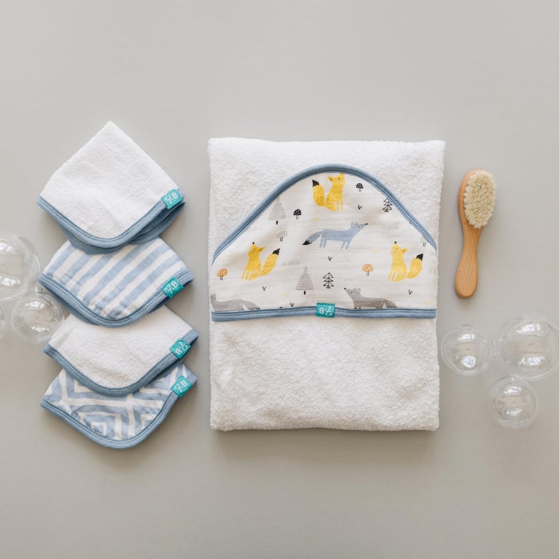 Featherheadâ„¢ 5-Piece 100% Cotton Muslin Hooded Bath Towel & Washcloths Set for Baby Boy - Ultra Soft and Extra Absorbent - Newborn Essential & Perfect Baby Registry Gift (Blue Foxes) - Image 3
