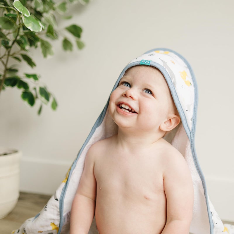 Featherheadâ„¢ 5-Piece 100% Cotton Muslin Hooded Bath Towel & Washcloths Set for Baby Boy - Ultra Soft and Extra Absorbent - Newborn Essential & Perfect Baby Registry Gift (Blue Foxes) - Image 2
