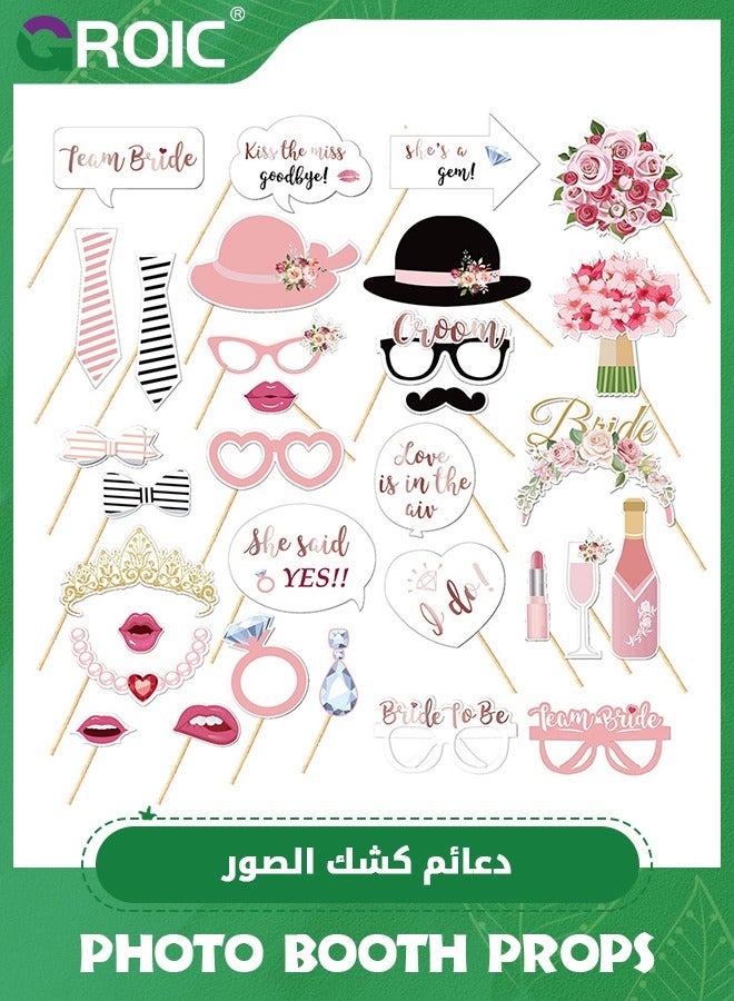 GROIC 32pcs Wedding Bridal Shower Photo Booth Props,Metallic Rose Gold Bachelorette Photo Booth with Stick for Bridal Shower,Party Supplies and Decorations Kit - Image 1