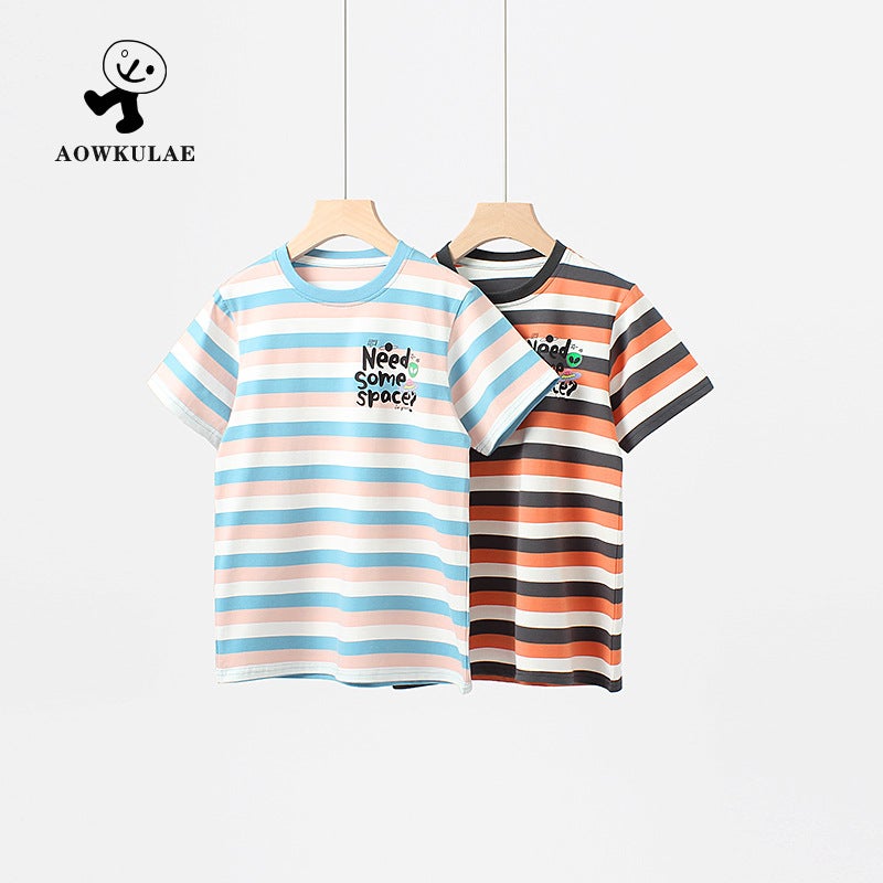 Summer Korean Style Children's Wear New Children's Striped Short-sleeved Big Children's Cartoon Printed Half-sleeved Girls' Short-sleeved T-shirt - Image 2