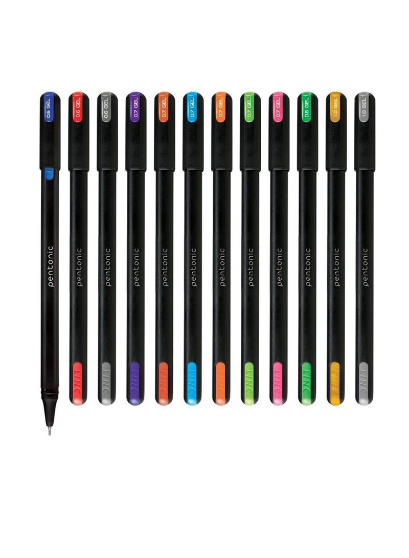 Pentonic Multicolor Gel Pen With Hard Box Case | 0.6 mm-1.0 mm | Sleek Matt Finish, Featherlite feel | Waterproof Gel Ink, Ultra- Low Viscosity Ink | Black Body, 12 Pcs Set - Image 1
