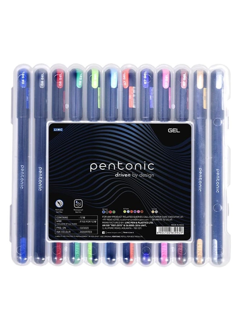 Pentonic Multicolor Gel Pen With Hard Box Case | 0.6 mm-1.0 mm | Sleek Matt Finish, Featherlite feel | Waterproof Gel Ink, Ultra- Low Viscosity Ink | Black Body, 12 Pcs Set - Image 3
