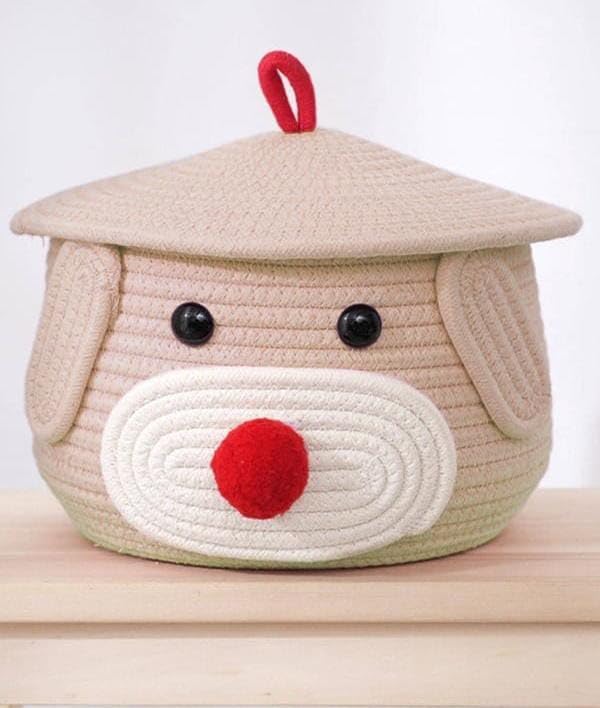 MAHIKA International Cute Baby Bear Handmade Jute Cotton Thread Rope Storage Basket with Cap | Nursery Organizer, Kids Toy Bin, Baby Gift Basket (Light Pink)